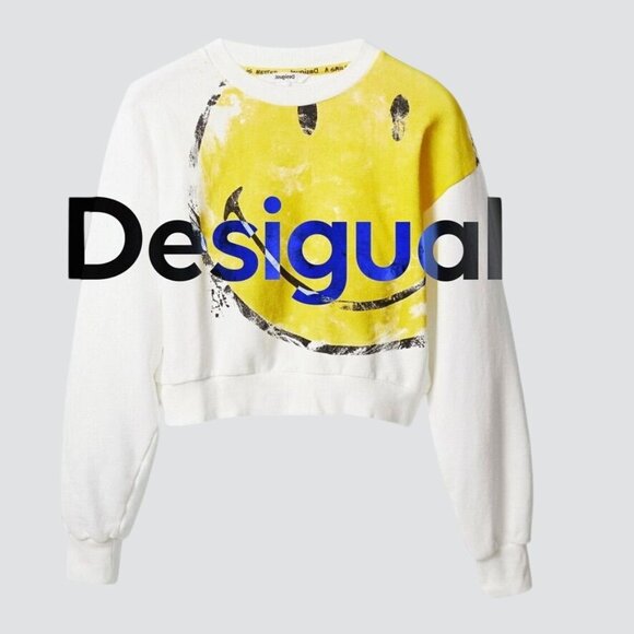 DESIGUAL Amazonas White Smiley Sweatshirt Rave Culture Cropped Relaxed Sz L NWT - Picture 2 of 13